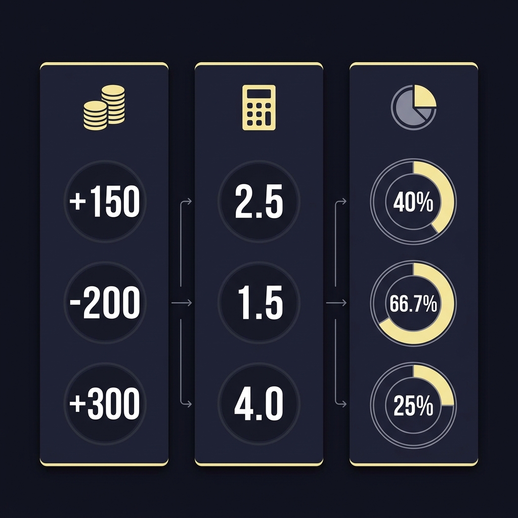 Minimalist 2D vector infographic showing step by step conversion from American odds to decimal odds and implied probability how puck lines work with simple icons numeric badges and pie meters on dark background
