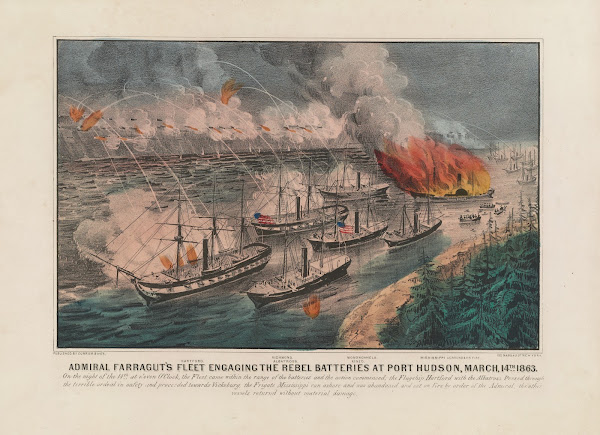 Admiral Farraguts fleet engaging the rebel batteries at Port Hudson March 14th 1