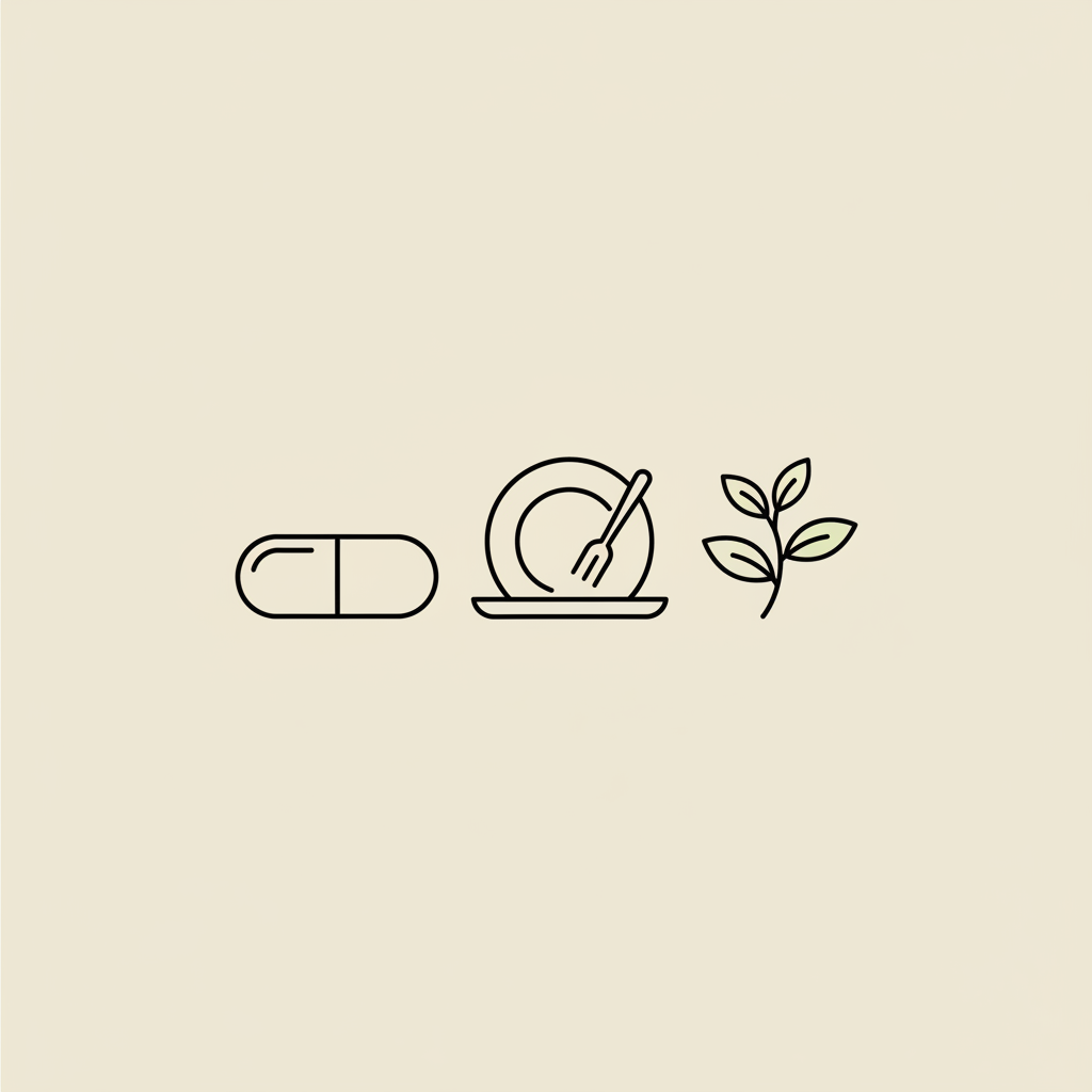 Minimalist line illustration of a capsule, small plate with fork, and green tea sprig on a beige background, representing fat burners and natural ingredients.