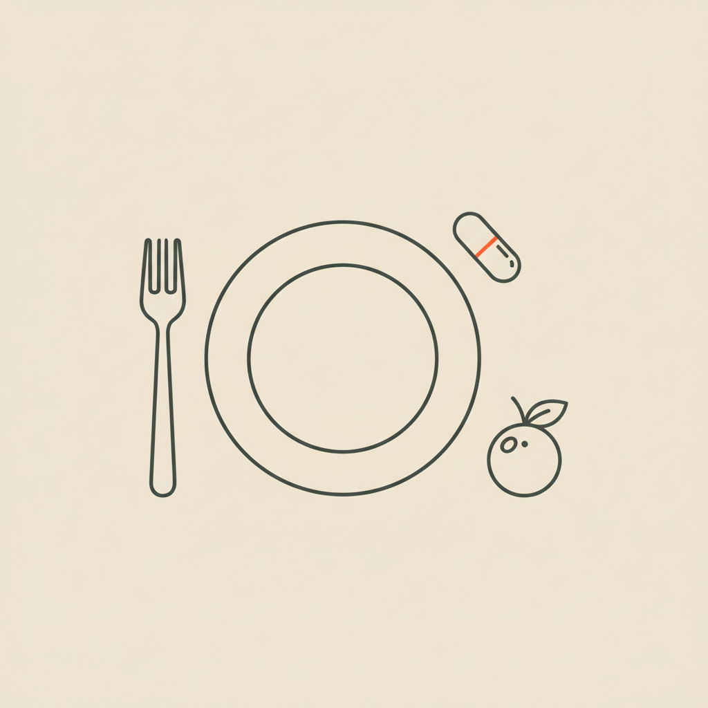 Minimal Tonum-style line illustration of a plate, fork, capsule and berry on beige background illustrating the difference between dietitian and nutritionist
