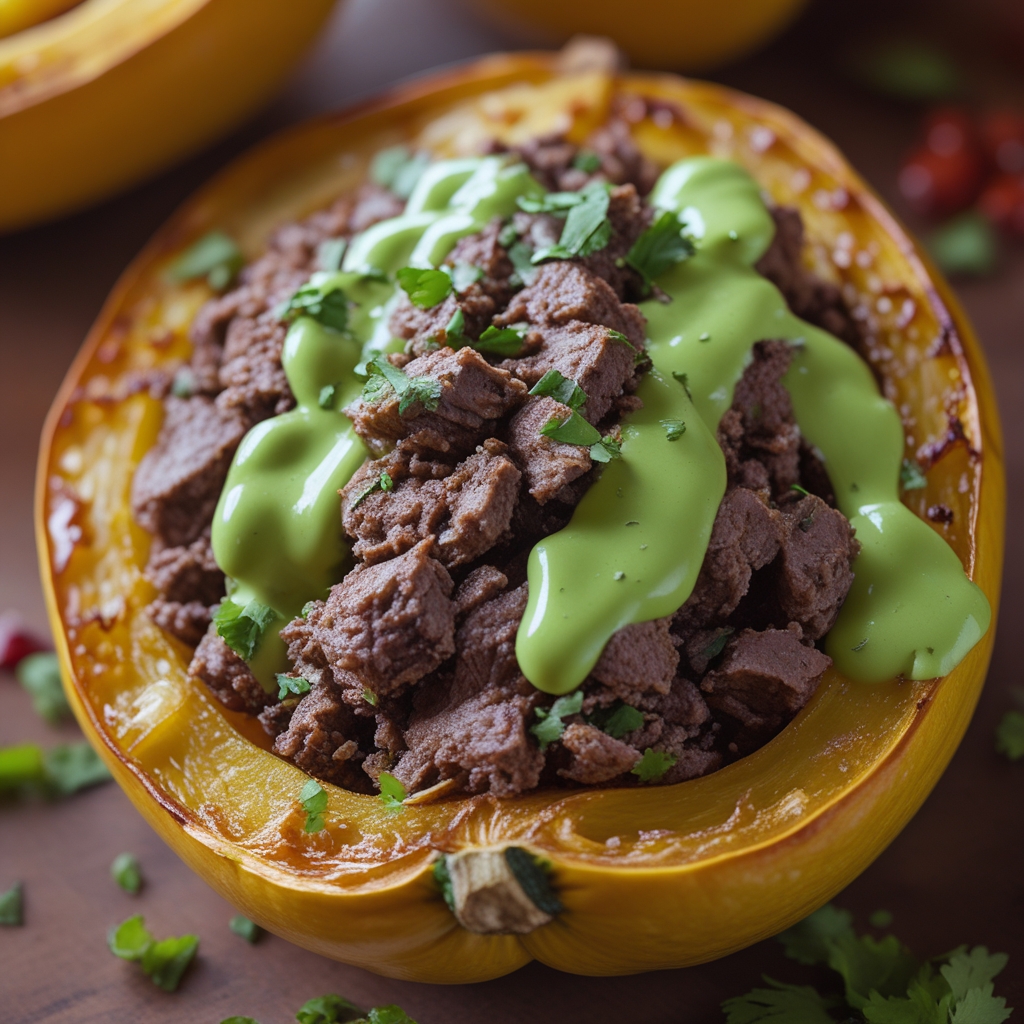 Final Spicy Mexican Bison-Stuffed Delicata Squash with Avocado Crema