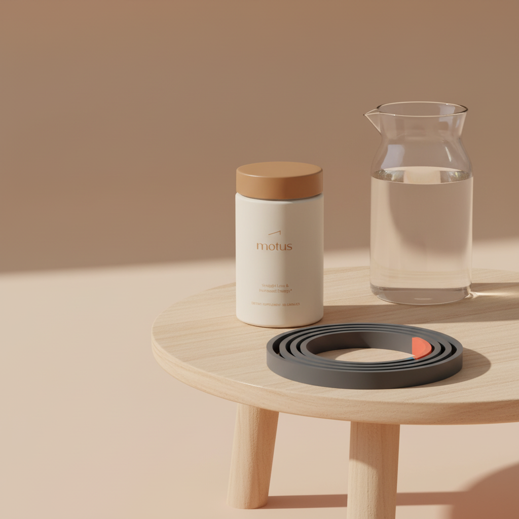 Motus supplement bottle on a small round wooden table with glass carafe and folded exercise band in a minimalist Tonum scene — can you buy phentermine without prescription