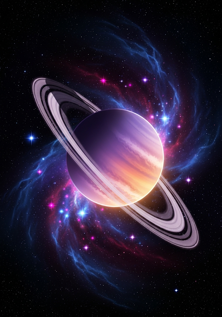 Vibrant Ringed Planet: Cosmic Nebula Sky