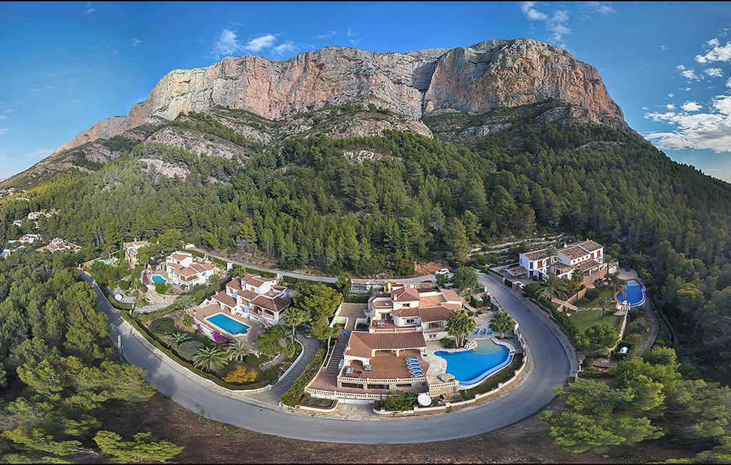 Aerial view with Montgó mountain rising behind the villa