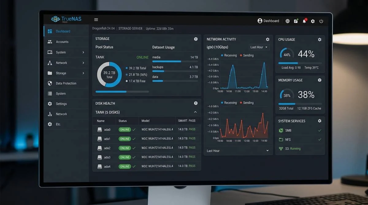 Dashboard TrueNAS SCALE menampilkan status storage pool dan disk