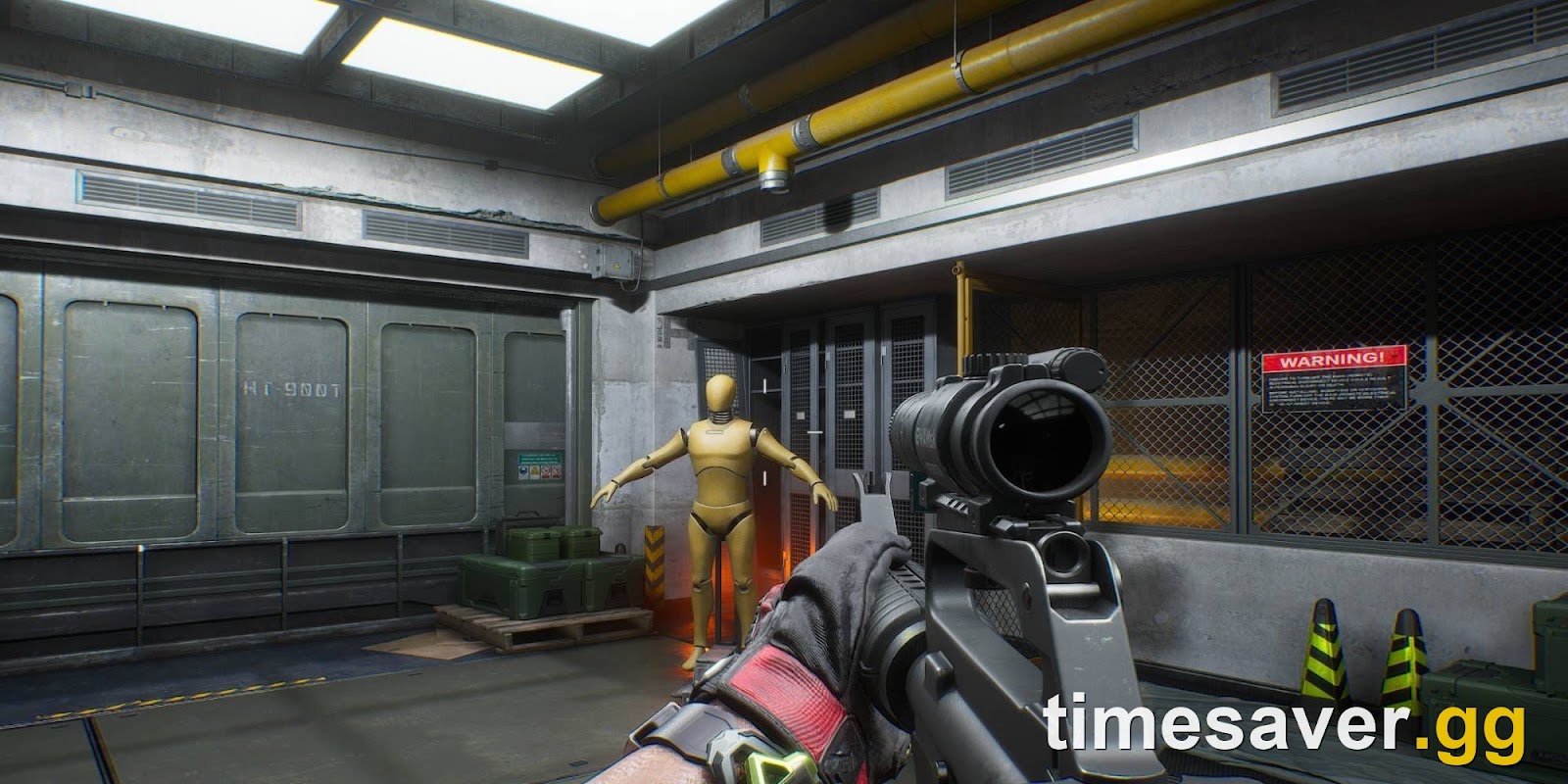 Delta Force in-game weapon-handling view, aiming a scoped rifle in a firing-range environment
