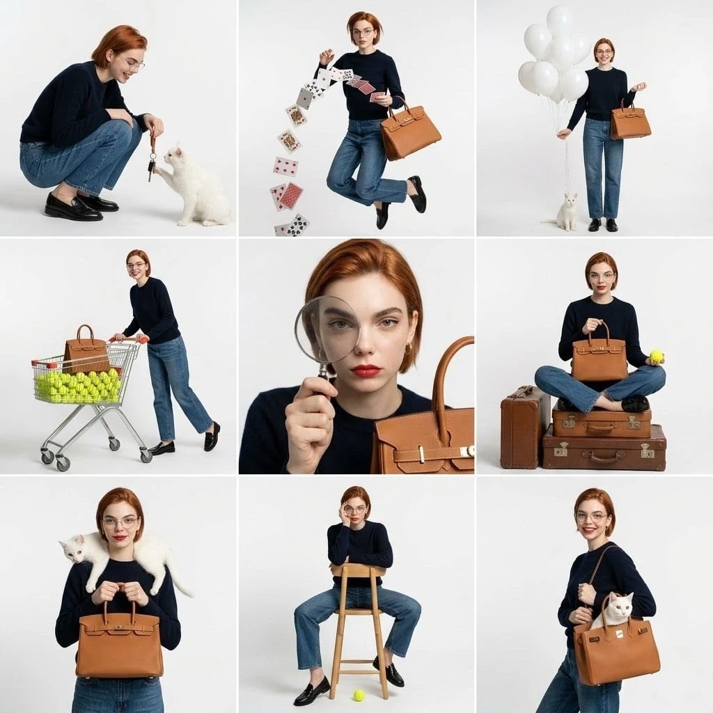Collage de moda de estudio, diseño de cuadrícula de 3x3, mismo sujeto repetido en diferentes poses en todos los paneles, limpio...