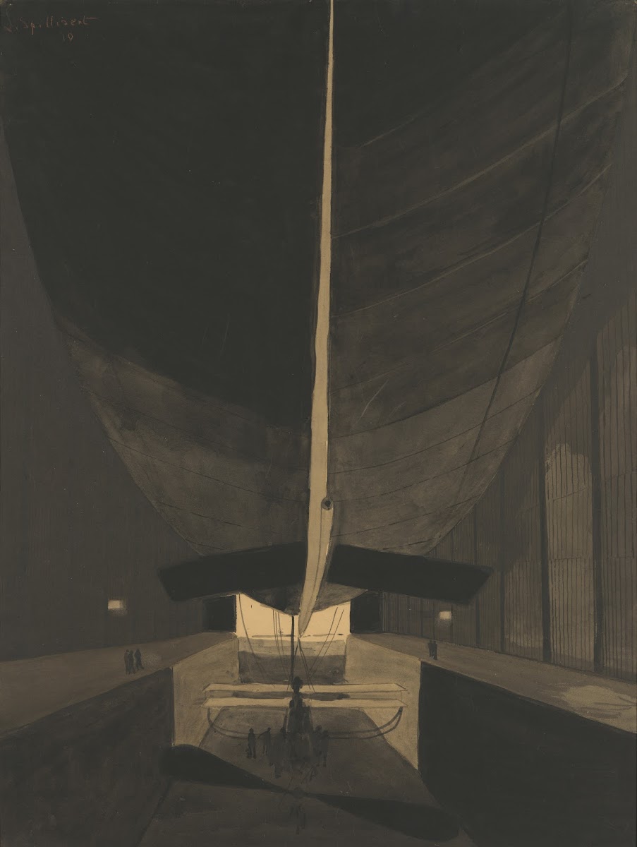 Het luchtschip Belgique II in zijn loods 1910