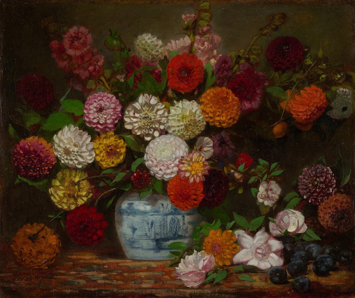 Still Life with Dahlias Zinnias Hollyhocks and Plums c 1835
