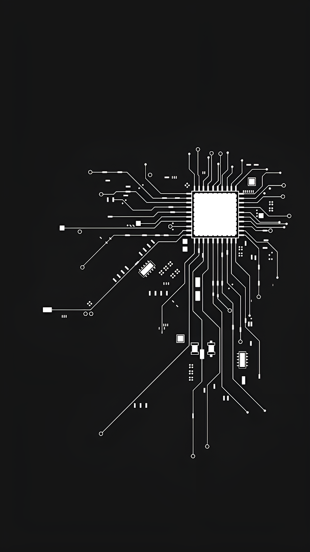 Minimalist White Circuit Board Design on Black Background