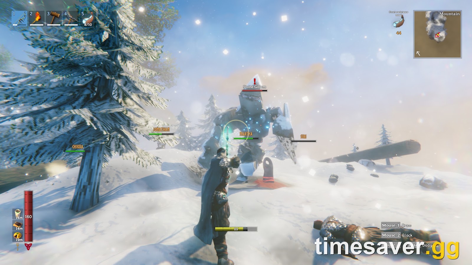 Several named players fighting a Stone Golem together on a snowy mountain in a Valheim multiplayer session