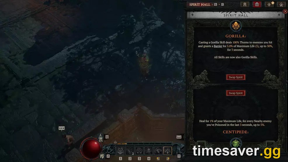 Diablo 4 Spiritborn Spirit Hall screen showing the animal spirit powers