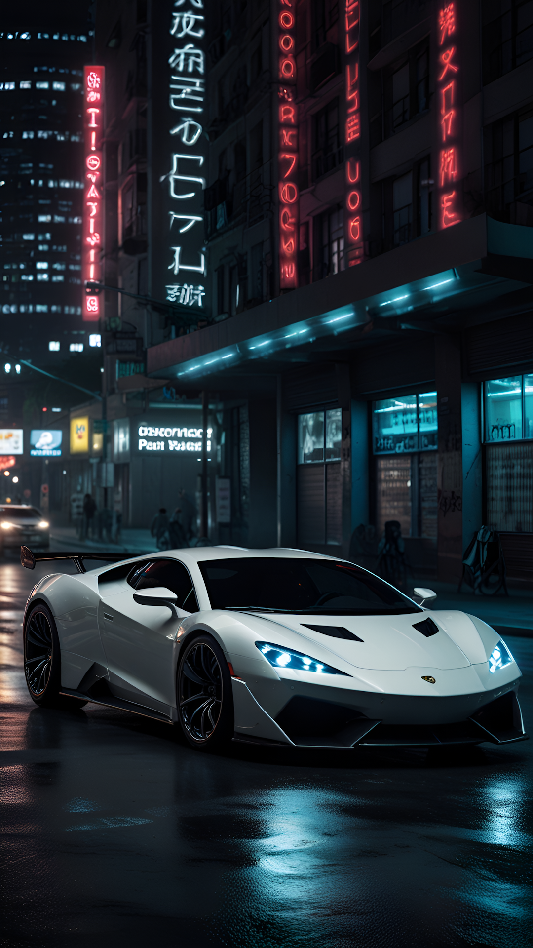 White Supercar Cyberpunk City Street Neon Reflections Night - Free 4K mobile Wallpaper