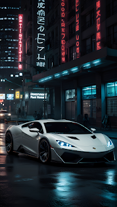 White Supercar Cyberpunk City Street Neon Reflections Night