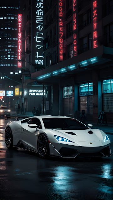 White Supercar Cyberpunk City Street Neon Reflections Night - Free mobile Wallpaper
