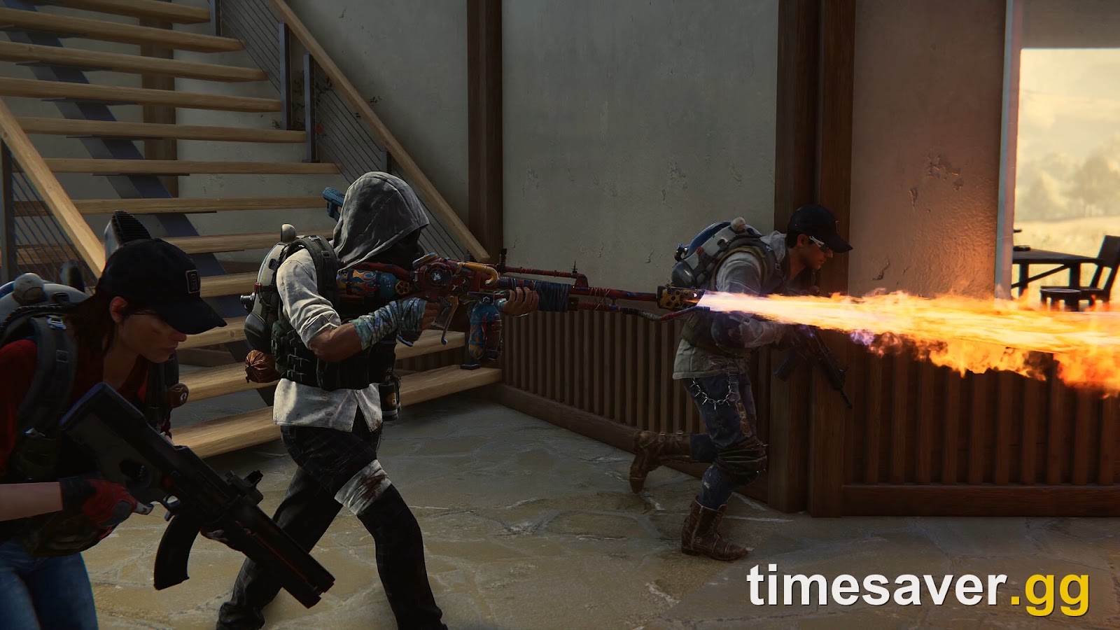 Close-quarters squad combat in Once Human, showing the fast action that favours Performance Mode and a first-person toggle.