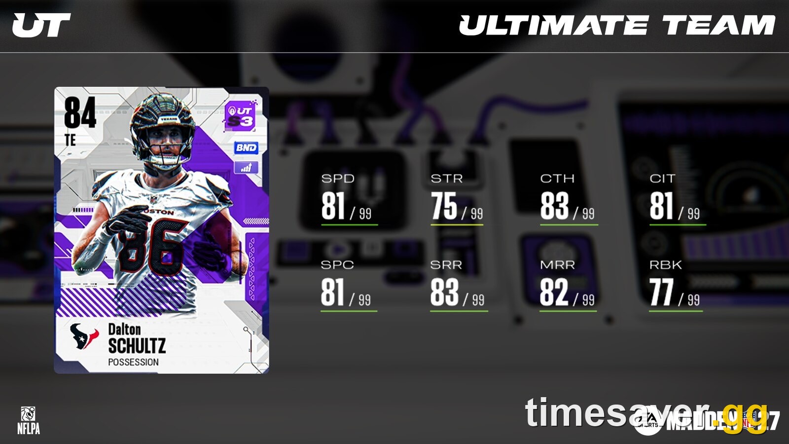 Official Madden NFL 27 Ultimate Team 84 OVR Season 3 Dalton Schultz TE card with the BND bound badge