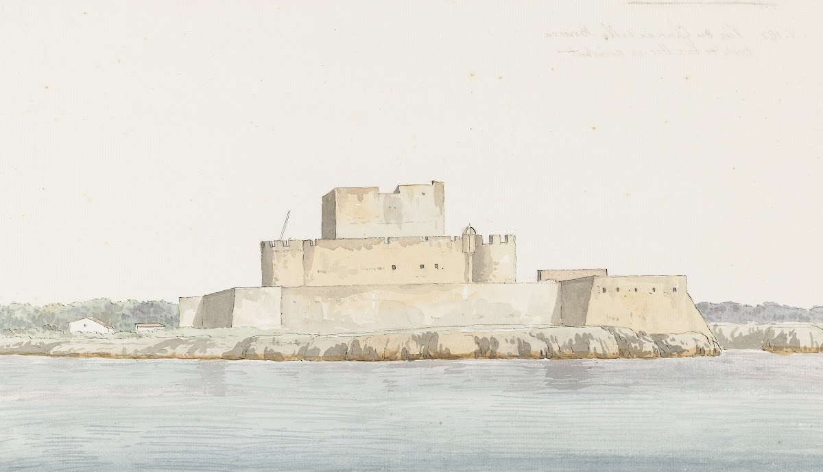 Gezicht op kasteel van San Mauro la Bruca vanaf zee bij aankomst 1778