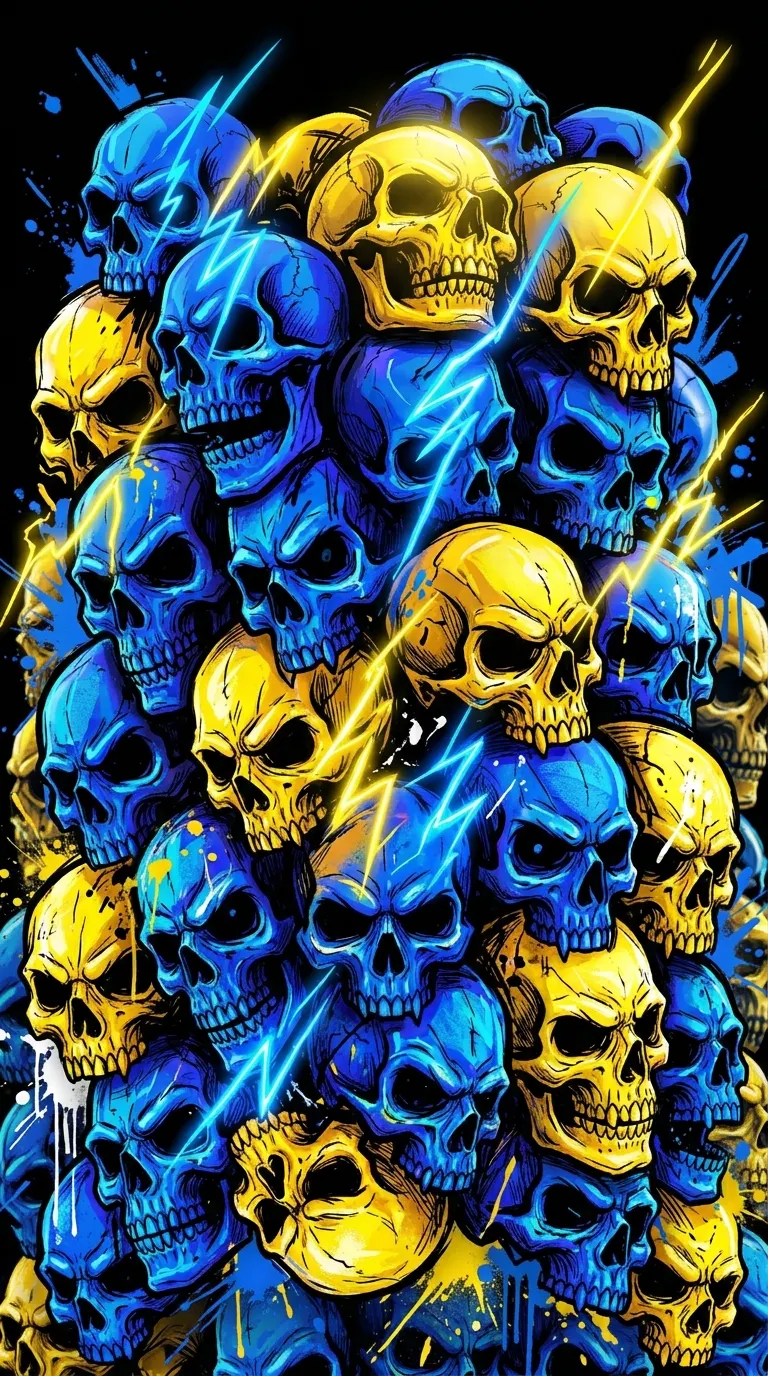 Vibrant Neon Blue and Yellow Acid Graffiti Skulls Pile - Free 4K mobile Wallpaper