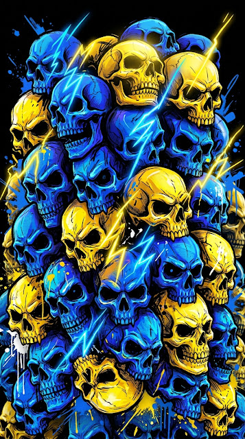 Vibrant Neon Blue and Yellow Acid Graffiti Skulls Pile - Free mobile Wallpaper