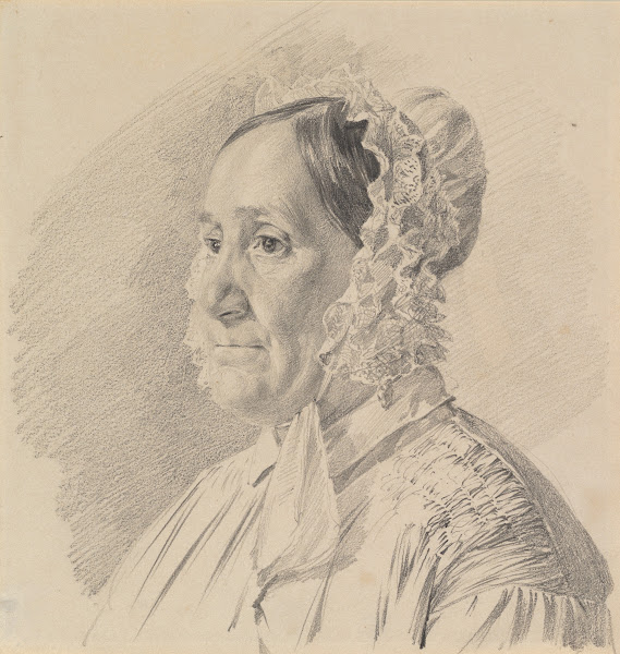 Portrait of a Woman in a Lace Bonnet in three quarter profile to the left mid 19
