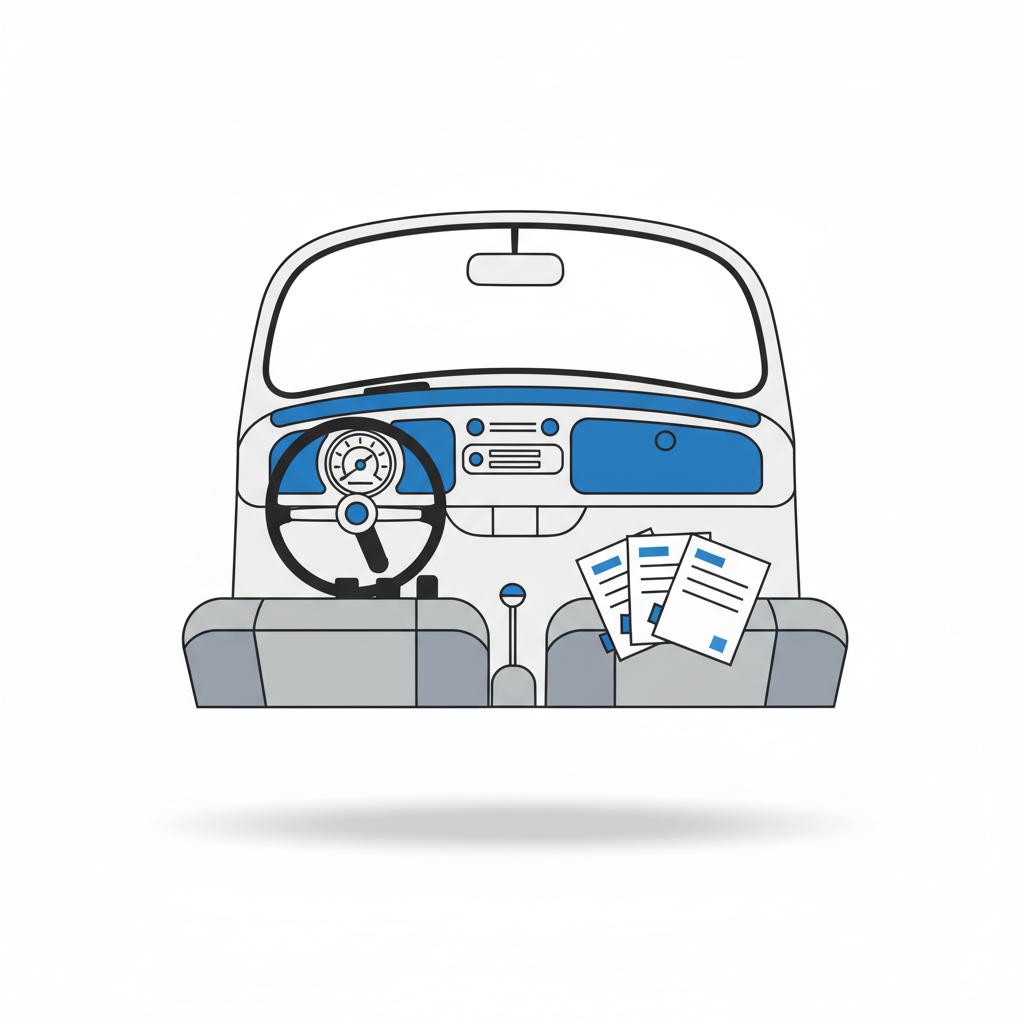 Minimal 2D vector dashboard of a Volkswagen Beetle for sale showing a simplified odometer dial and blank service record papers on the passenger seat with blue accents