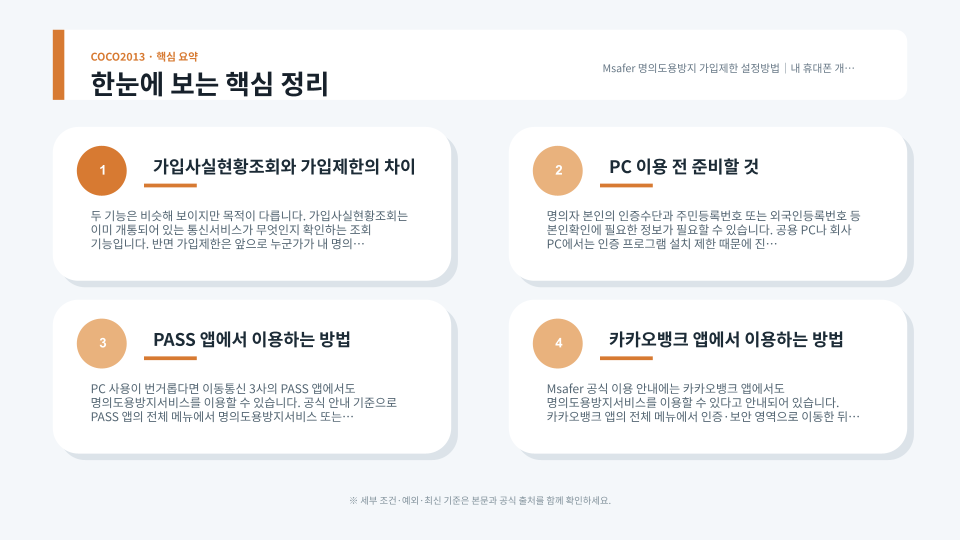 Msafer에서 본인 명의 통신회선을 조회하고 가입제한을 설정하거나 해제하는 과정을 단계별로 설명하는 보안 설정 화면