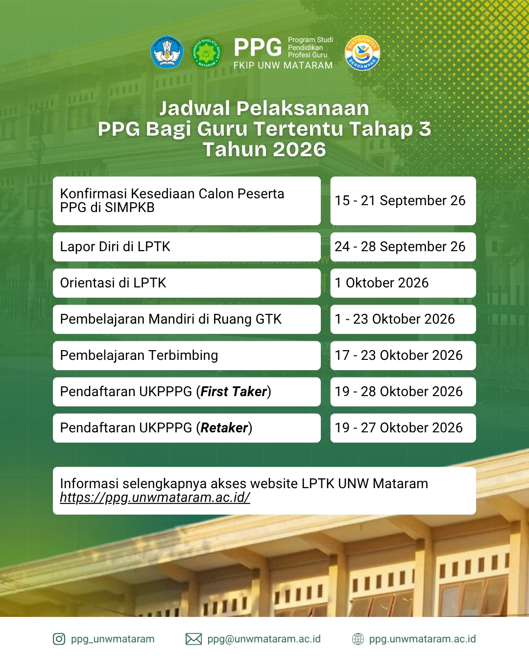 PENGUMUMAN LAPOR DIRI PPG GURU TERTENTU TAHAP 3 TAHUN 2026 UNIVERSITAS NAHDLATUL WATHAN MATARAM