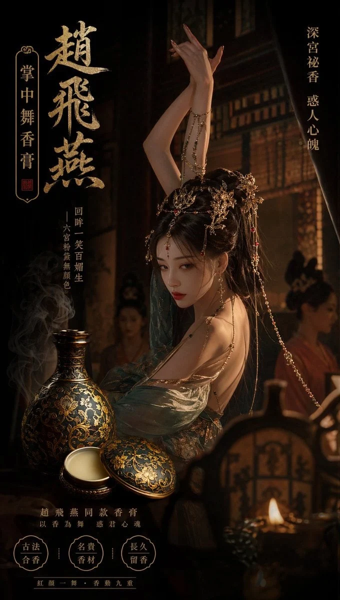 El anuncio del perfume "Palm Dance" de Zhao Feiyan muestra un frasco de bronce dorado adornado con flores de loto, evocando una atmósfera fría, misteriosa y palaciega. (Vertical 9:16)