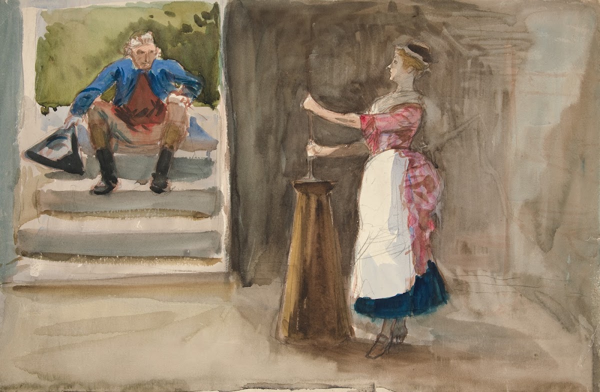 Woman churning butter man in Revolutionary dress watching