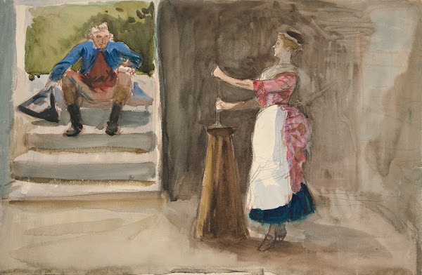 Woman churning butter man in Revolutionary dress watching