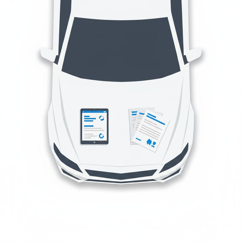 Minimal 2D vector of paperwork and a tablet on a white car hood showing a vehicle history report and scanned service invoices audi s5 for sale