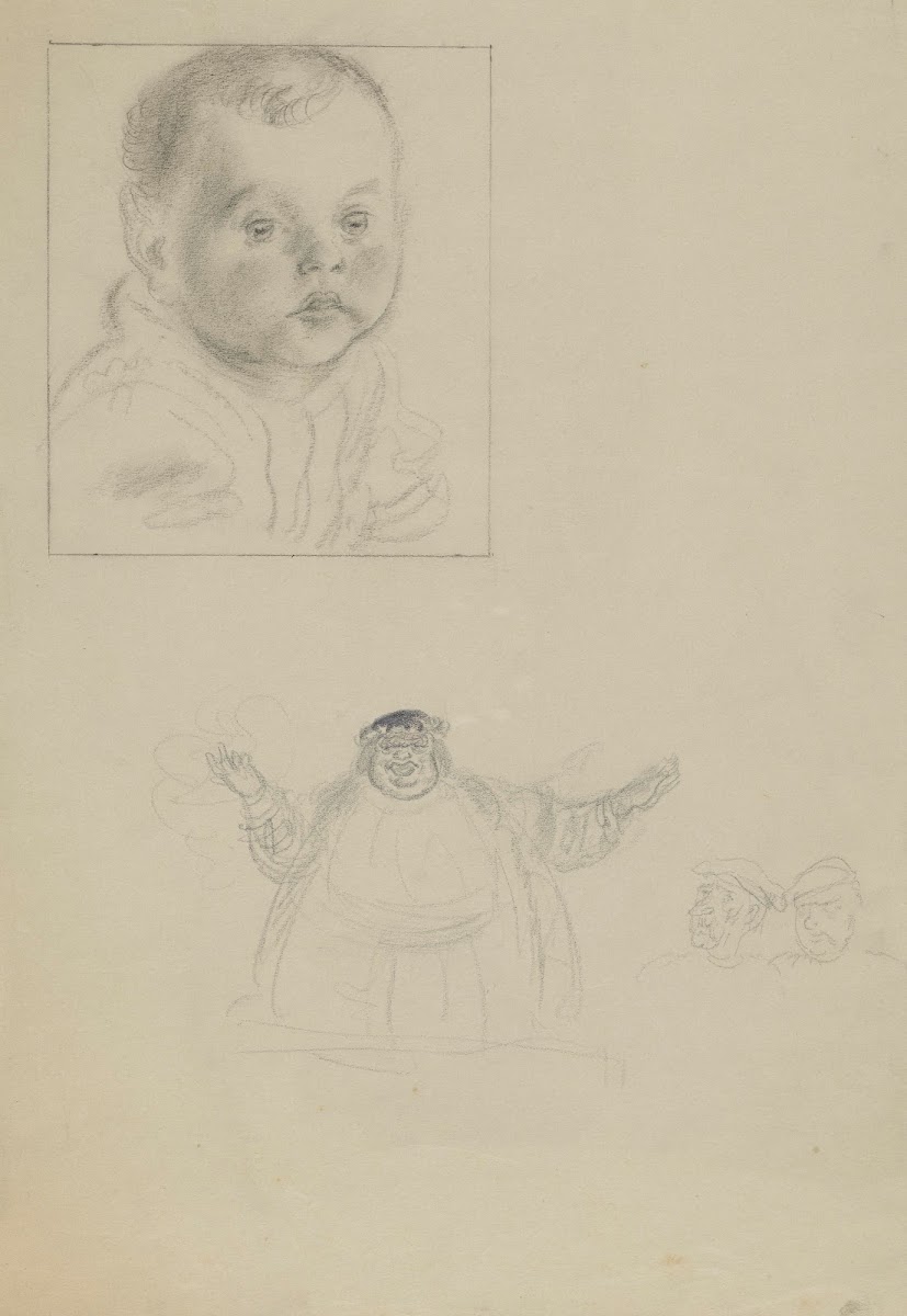 Schetsboekblad met een portret van een baby en een studie van een reus voor een