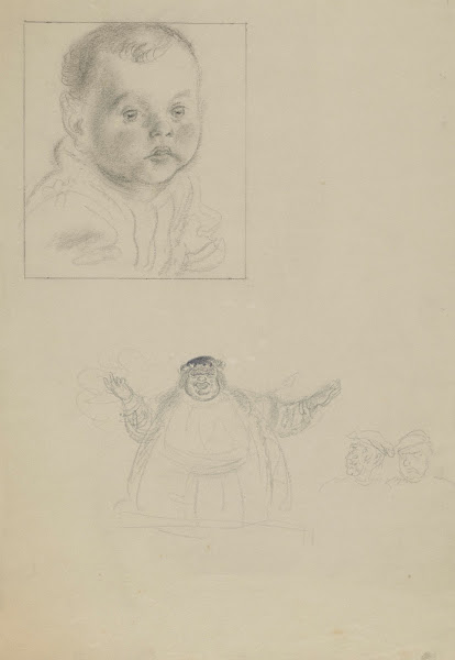 Schetsboekblad met een portret van een baby en een studie van een reus voor een