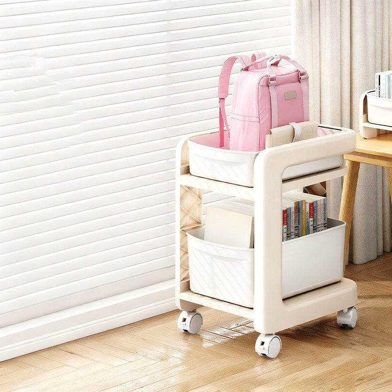 Multi-tiered book shelf with wheels and school bag compartment