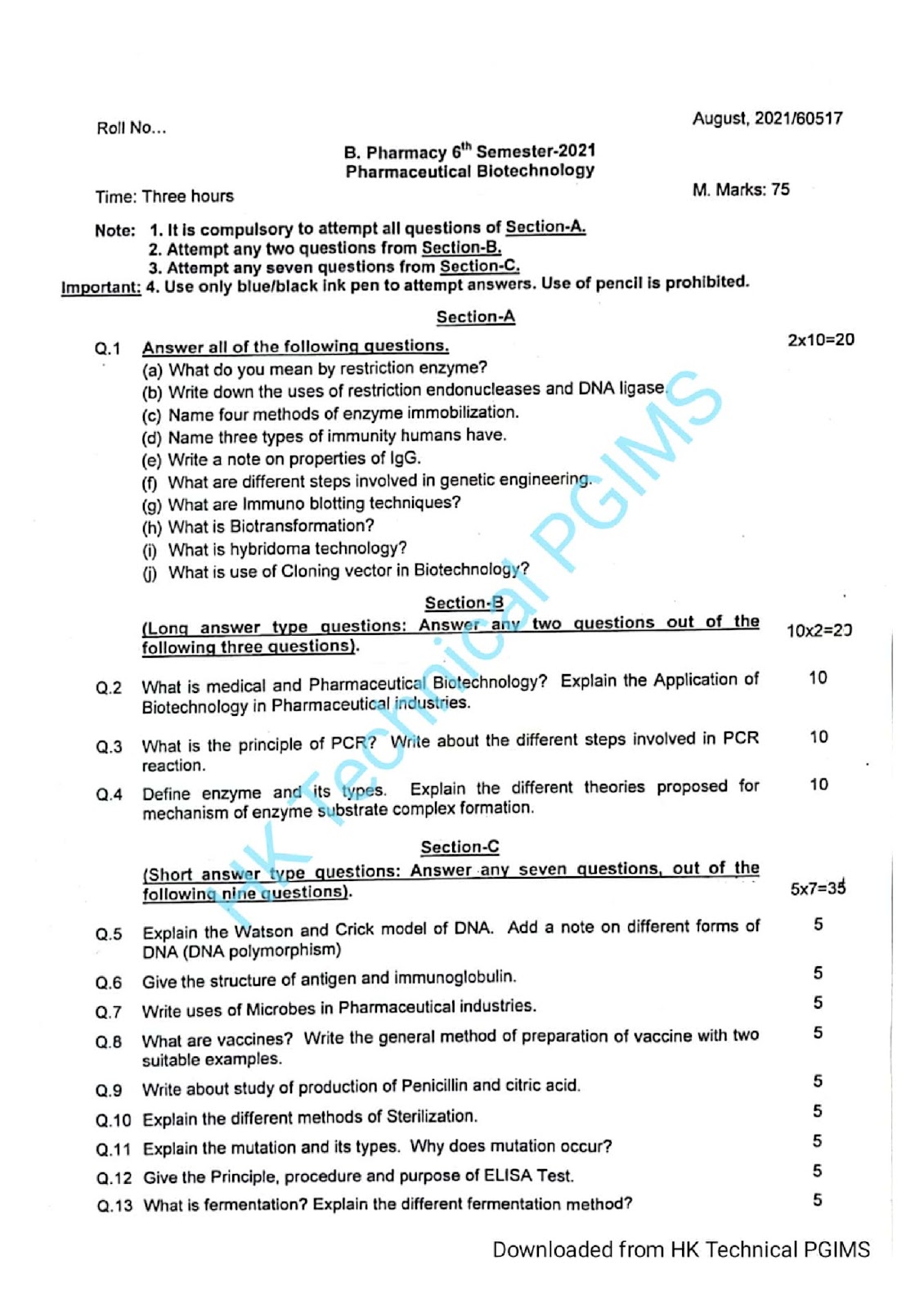 BP605T Pharmaceutical Biotechnology UHSR 6th Semester B.Pharmacy Previous Year's Question Paper,BP605T Pharmaceutical Biotechnology,BPharmacy,Previous Year's Question Papers,BPharm 6th Semester,PGIMS Question Paper,University of Health Sciences Rohtak (UHSR),