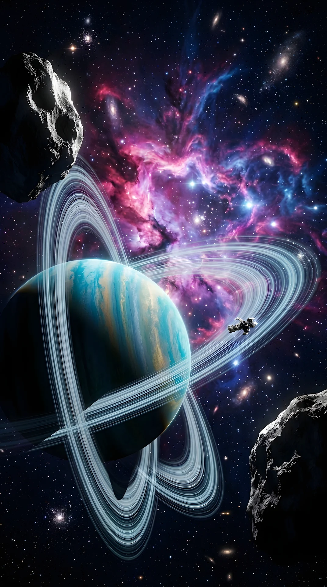 Intricate Sci-Fi Celestial Scene with Ringed Planet - Free 4K mobile Wallpaper