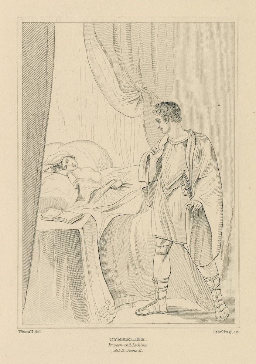 Cymbeline act 2 scene 2 a bedchamber Imogen in bed Jachimo 19th century