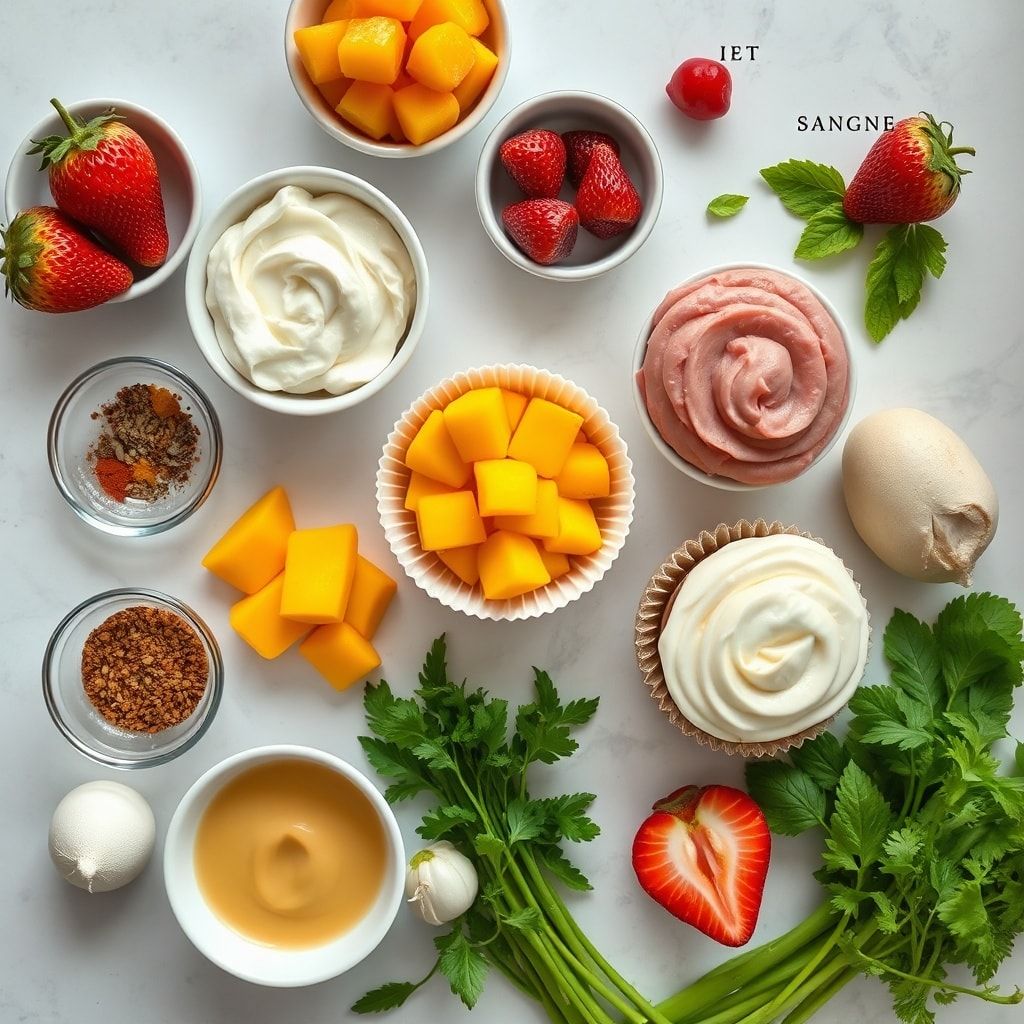 Ingredients for Fresh Mango Strawberry Cupcakes with Two Fruit Frostings – Easy Homemade Summer Dessert