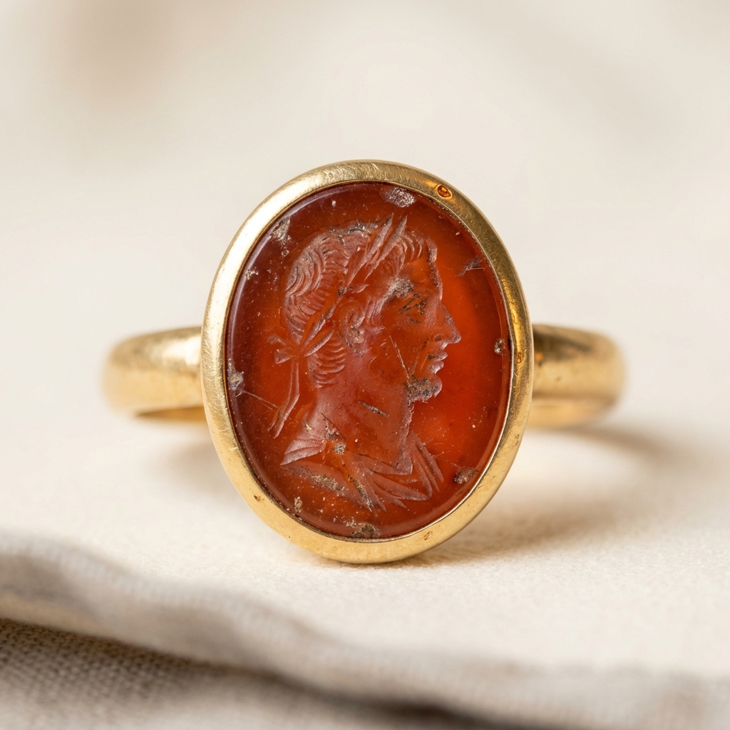Close up of a Roman carnelian intaglio set in a gold bezel showing engraved portrait and wear on an ancient wedding band on a warm beige background