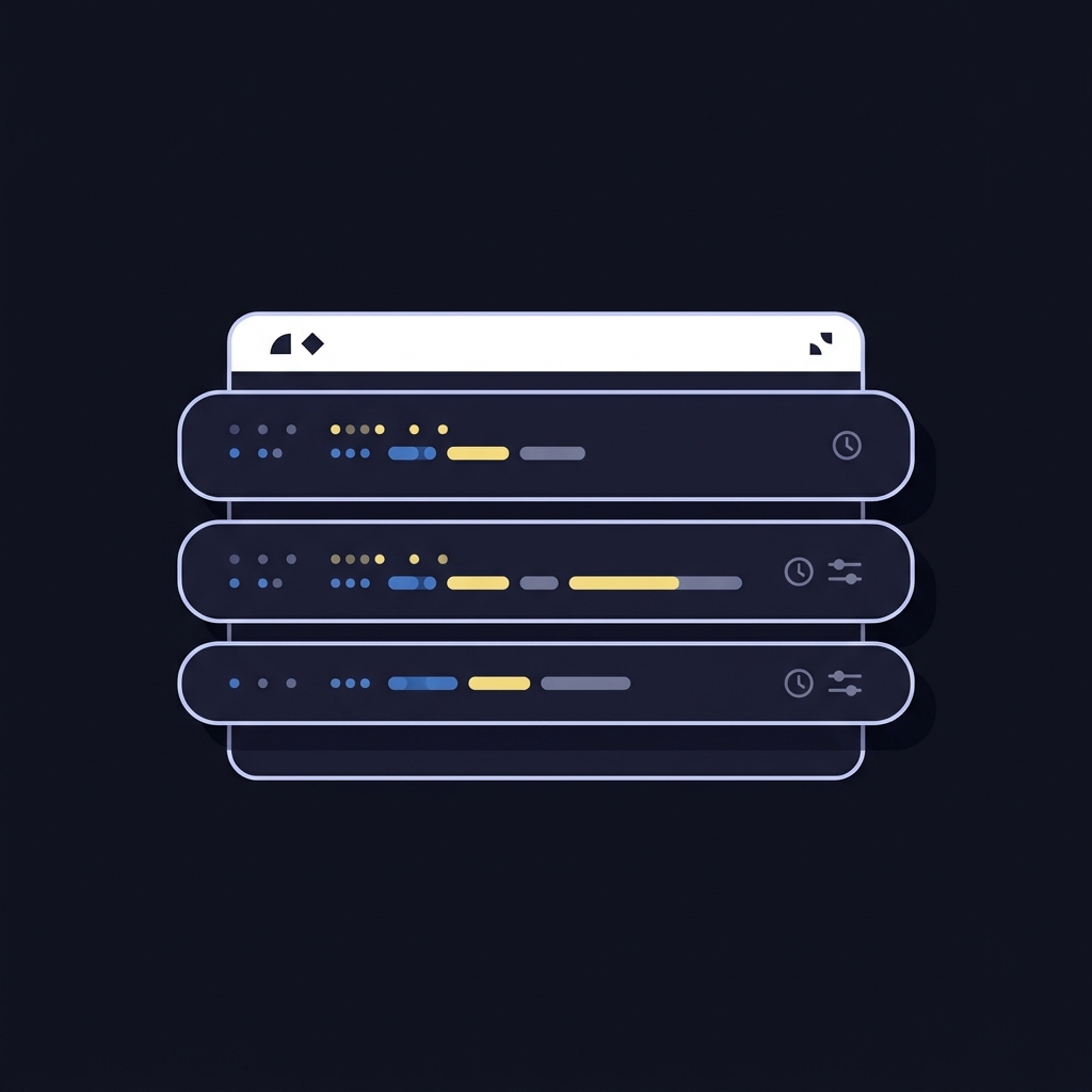 Minimal 2D vector close up of a developer console sending API requests shown as stylized log rows with timestamp chips and slippage indicator pills in deep navy and accent yellow sports betting bot