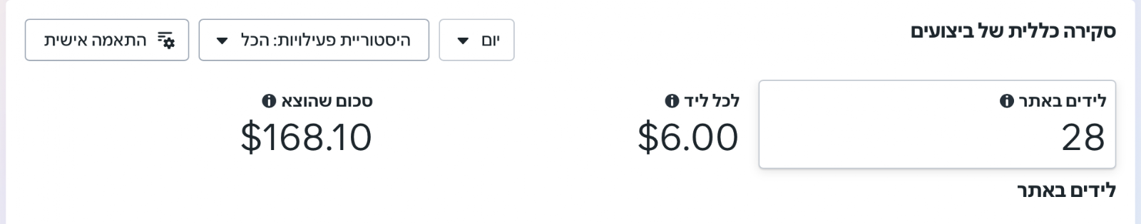 תוצאות קמפיין — 28 לידים, $6 לכל ליד, $168.10 הוצאה
