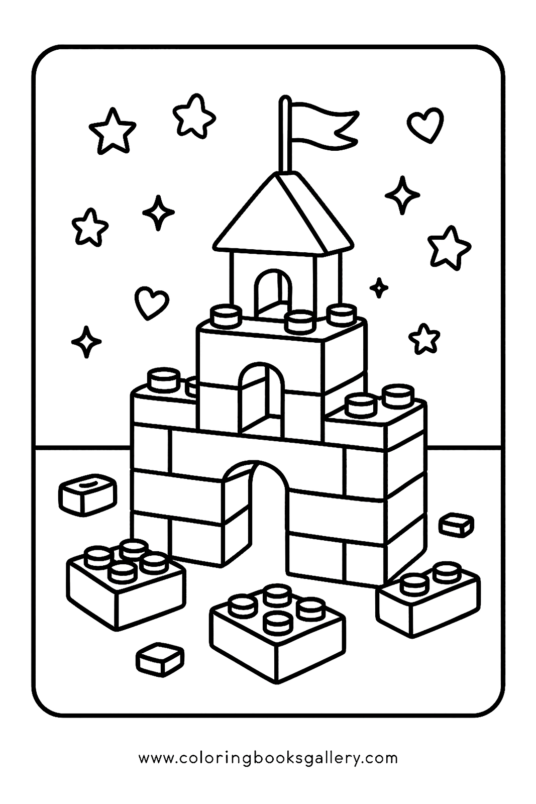 Lego Pieces Building a Castle – Free Printable Coloring Sheet for Kids and Adults – free coloring page for kids