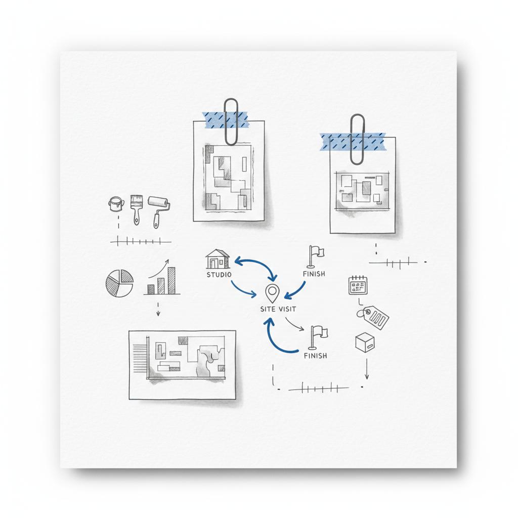 Close-up sketchbook page with pinned painting project thumbnails, material icons, budget charts and arrows linking studio to site visit to finish &mdash; how do painters get noticed