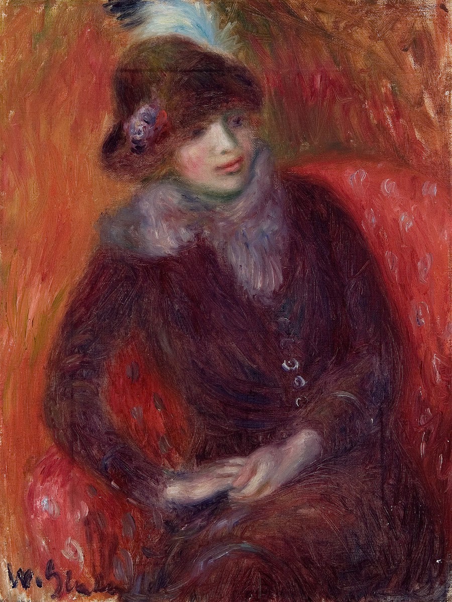 Seated Woman with Fur Neckpiece and Red Background c 1916