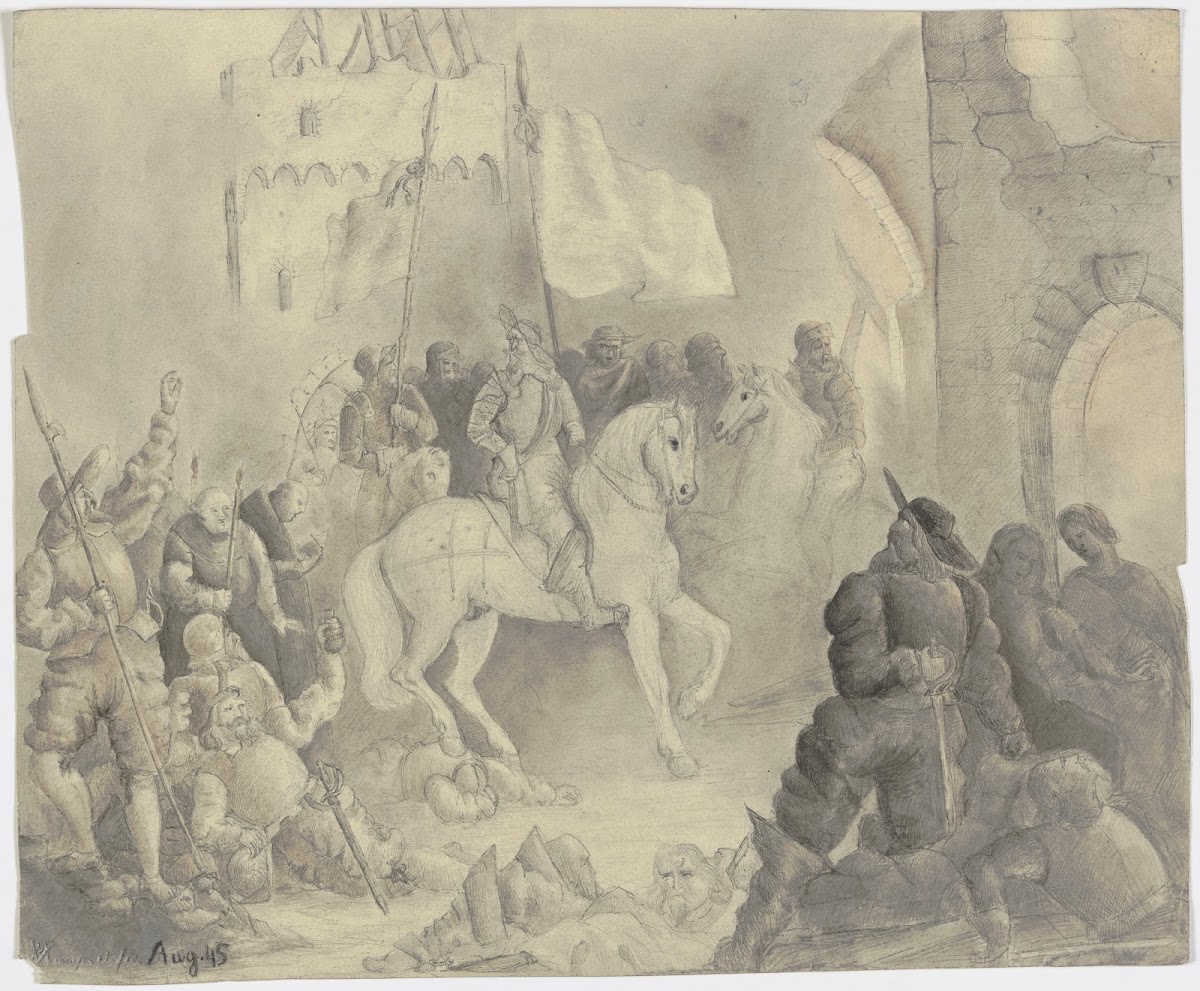 Ein bärtiger Herrscher mit Gefolge reitet nächtens auf eine ruinöse Burg zu 1845