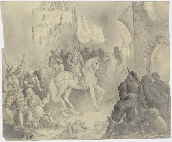 Ein bärtiger Herrscher mit Gefolge reitet nächtens auf eine ruinöse Burg zu 1845