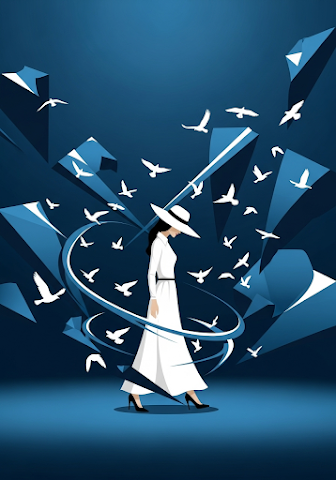 Blue Abstract Woman with Flying Birds