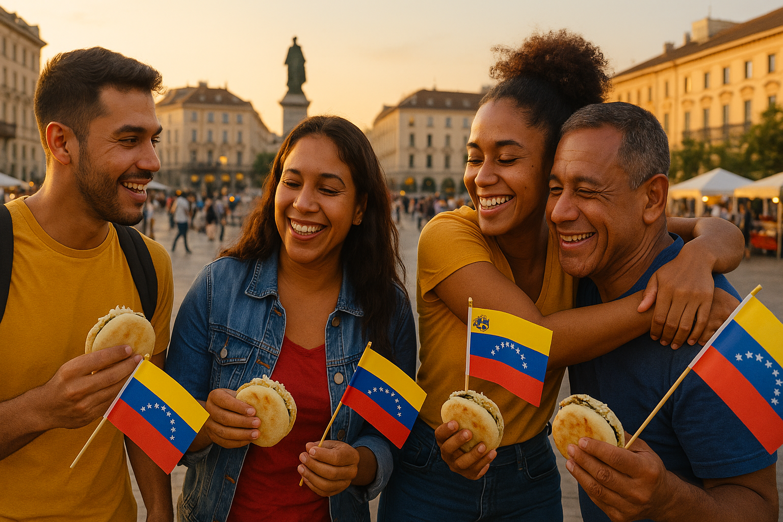 Venezolanos en el exterior reunidos en una plaza, compartiendo arepas y abrazos