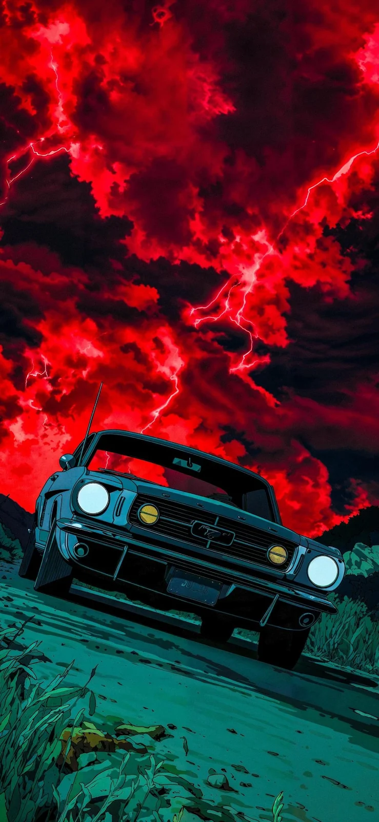 Vintage Mustang With Red Storm Sky - Comic Book Art Full HD iPhone Wallpaper (1185x2567)